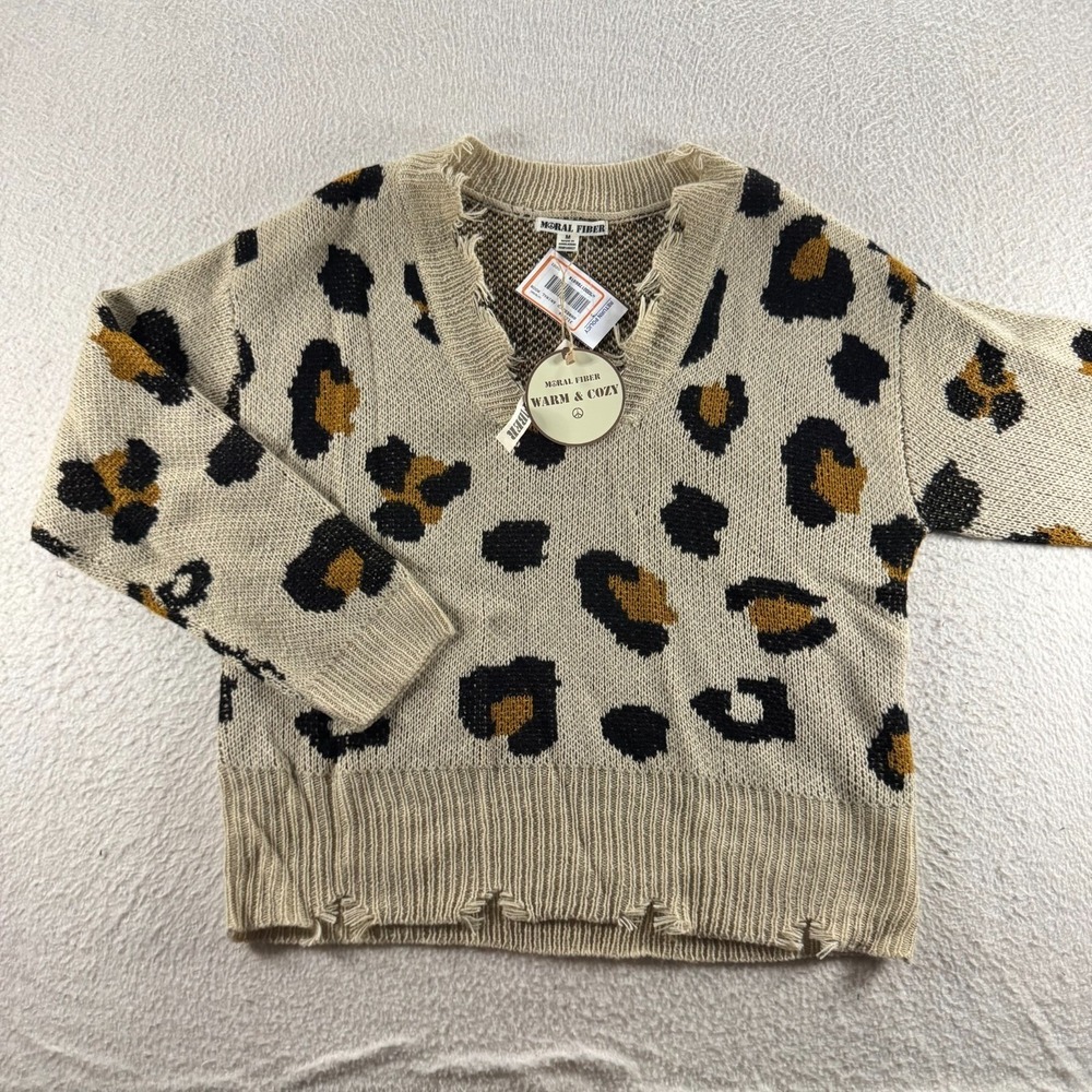 Moral Fiber Leopard Print Sweater Womens Medium Beige Distressed V-Neck NWT
